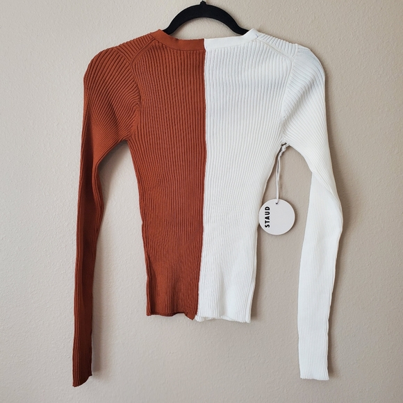STAUD Colorblock Ribbed Cardigan in Tan White - Picture 3 of 7
